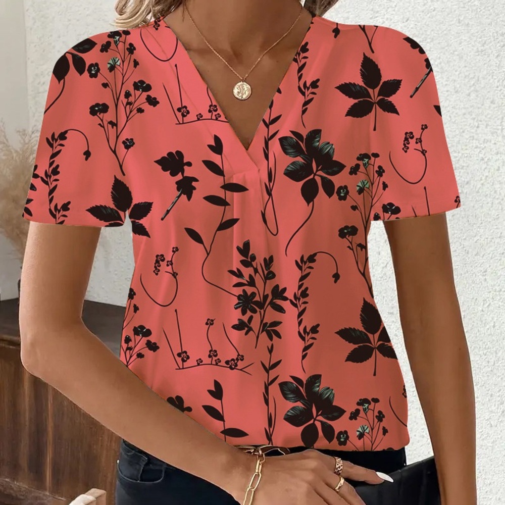 Elegant Floral V-Neck Top - Coral and Black